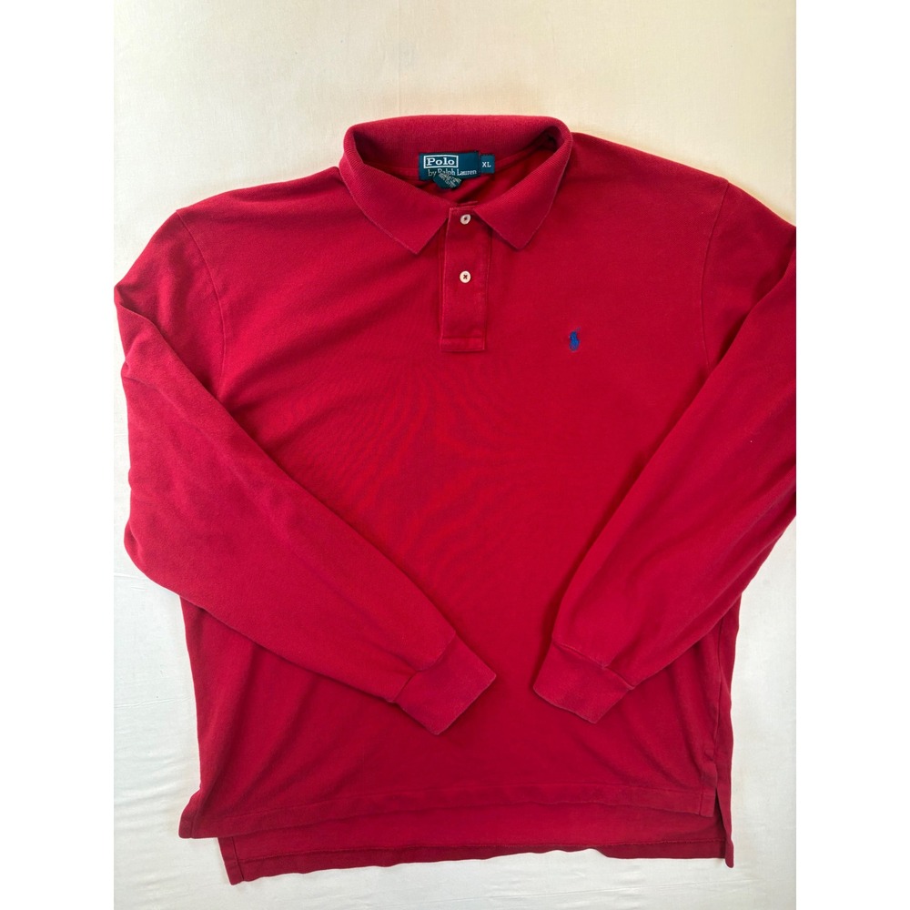 Polo Ralph Lauren Mens XL Red Long Sleeve Cotton Pique Polo Shirt Blue Pony Logo